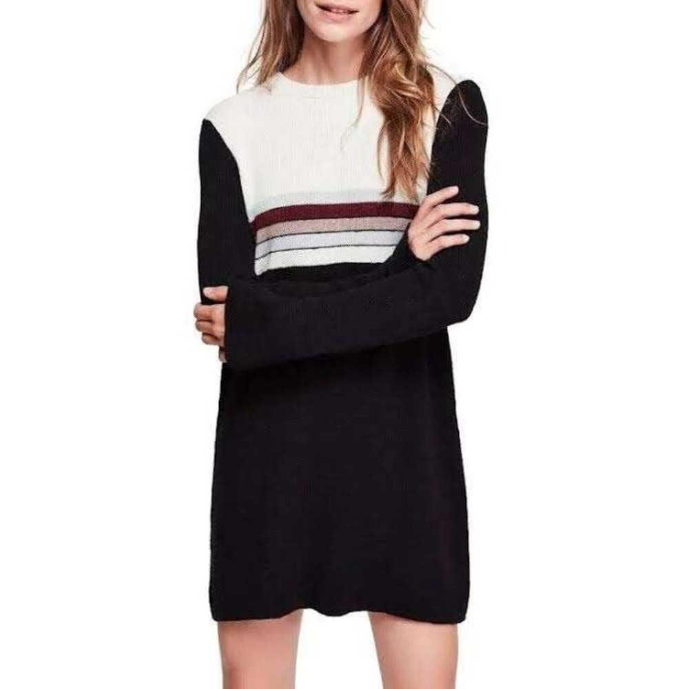 Free People Colorblock Striped Mini Sweater Dress Large Cotton Linen Boho Retro